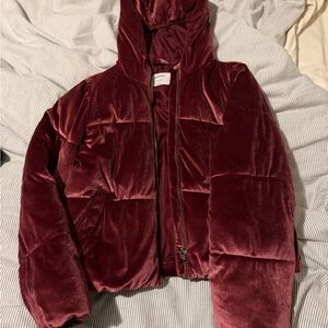 Youth Old Navy Velvet Hooded Puffer Jacket in Deep Wine